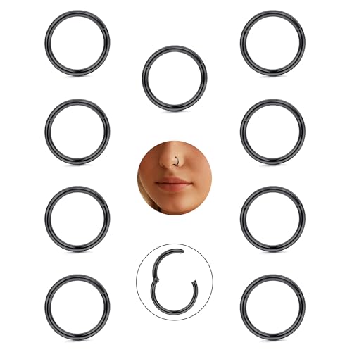 CASSIECA 9pcs 16G Piercing Nariz Anillos Piercing Nariz Aro 316L Acero Quirúrgico Septum Anillo Piercing Nariz Negro Oreja Labio Piercing Helix Tragus Conch Daith Rook 8mm