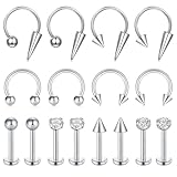 Zolure Lip Rings Medusa Piercing Jewelry 16g Horseshoe Labret Jewelry Lip Barbell Ring Spike Snake Bite Piercing Jewelry Tragus Helix Earrings Studs for Women Men 8mm 16PCS