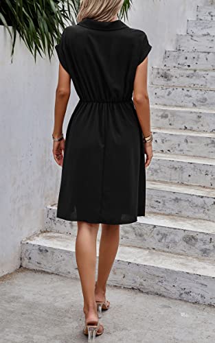Image of ECOWISH Womens Casual Midi Dresses Solid V Neck Short Sleeve Button Shirt Belted Dress with Pockets for Spring Summer 2026