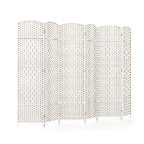 Image of COSTWAY 6 Panel Folding Room Divider, Hand-Woven Wicker Freestanding Wall Privacy Screen Protector, Solid Wood Frame Paravent Partition Separator for Living Room, Bedroom and Office, 271x180cm (White)
