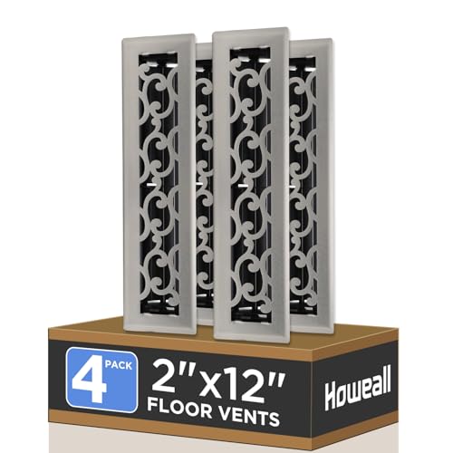 Howeall 2x12 Inches 4 Pack Heavy Duty Walkable Floor Register - Easy Adjust Air Supply Lever Decorative Floor Vent Covers, Savannah Design Vent Covers for Home - Satin Nickel