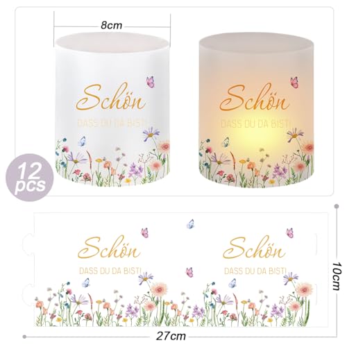 12 Windlicht Schön DASS Du Da Bist, Windlichter mit Blumen, Windlichter Tischdeko Geburtstag, Tischdeko Frühling Ostern, Schmetterlinge Blumen Deko, Geeignet für Teelichter oder Kerzen