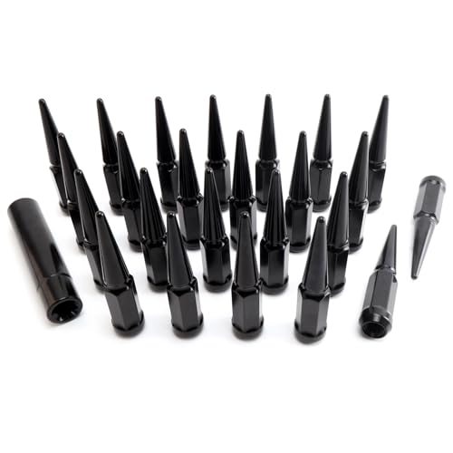 YYHHZZ 24PCS 14x1.5 Wheel Spike Lug Nuts Black Spike Lug Nuts M14x1.5 Solid 4.4 Tall Acorn Lug Nut with 1 Socket Key Replacement for Ram 1500 2500 3500 F-150 F-250 F-350 Grand Cherokee
