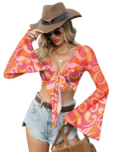 Womens Summer 70s 80s Long Bell Sleeve Hippie Crop Tops Tie Front Floral Print Shirt XL