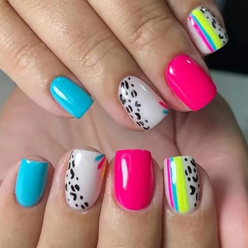 24Pcs NEWSPIED Press on Nails Short Square Colorful Fake Nails Gl...