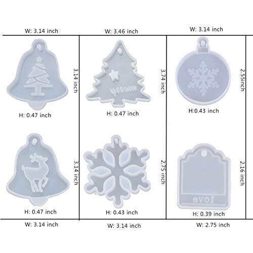 6 Pcs Christmas Resin Mold For Christmas Ornament,Coaster Casting, Resin Pendant Mold With Hanging Hole, Jewelry Making, Snowflake, Xmas Tree, Elk, Bell, Tag Pattern #TOP1