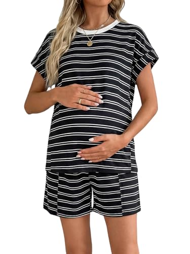 BLENCOT Women's Maternity 2 Piece Outfits Striped Knit Tank Tops