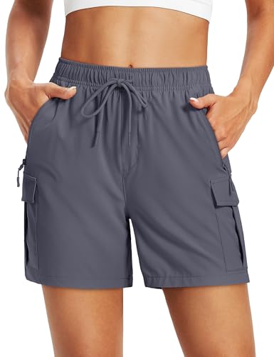 MAGCOMSEN Womens Hiking Shorts Lightweight Quick Dry Cargo Shorts with Zipper Pockets UPF 50+ Summer Travel Gray L