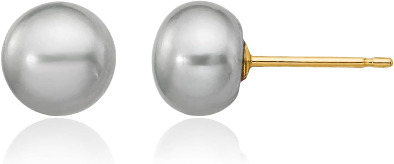 IceCarats 14K Solid Yellow Gold 6mm Freshwater Grey Pearl Medium Button Stud Earrings Prong Set, Friction Back For Her