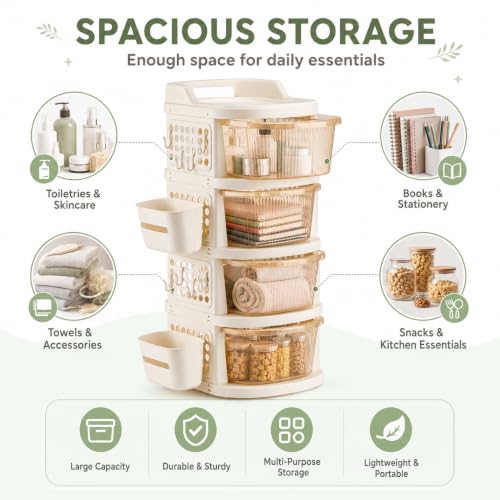 Image of Homeor 4 Tier Plastic Storage Drawer Cabinet with Wheels, Modular Chest of Drawers Organizer with Side Basket & Handle, Storage Trolley Rack for Home, Kitchen, Bedroom, Kids Room (Ivory Transparent)