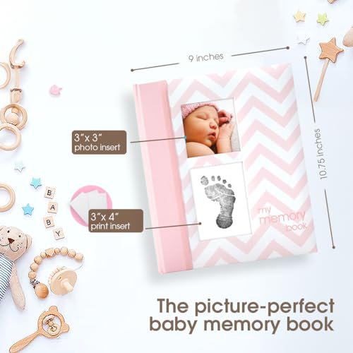 Image of Pearhead Baby Memory Book, First 5 Years Baby Milestone Book, Pregnancy Journal, Gender Neutral Newborn Keepsake, With Clean-Touch Ink Pad For Baby's Handprint or Footprint, Pink Chevron