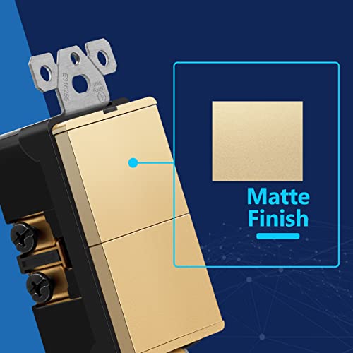 Image of LIDER Lighted Double Switch with Screwless Wall Plate, Combination Frameless Decorator Switch with Locator Light, Ground Terminal Single Pole, 15A 120V, UL Listed, Thermoplastic, Matte Gold, 2-Pack