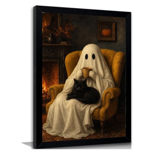 Cozy Ghost Drinking Coffee Black Cat Wall Art Warm Home Decor