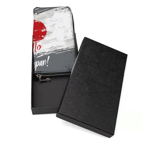Japanese Flag Hello Japan Women's Leather Clutch Wallet with Zip Card Holder Hand Strap Large Capacity3