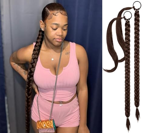 2 Packs Long Braided Ponytail Extension For Black Women Soft Synthetic Hair Piece For Women with Hair Tie Straight Wrap Around Ponytail Braided Hair Extensions pre Stretched 30 Inch
