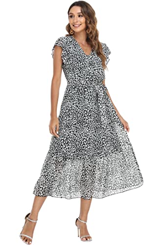 Image of VintageClothing Womens Sundress Casual Floral Summer Boho Dress | Flowy Wrap V Neck Ruffle A-Line Pleated Hem Midi Dresses
