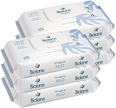 BIOLANE - Ściereczki do czyszczenia wody H2O - Baby - Zestaw 6x72 (432 chusteczek) - Skóra wrażliwa - Oczyszcza i chroni - Ciało i siedzisko - Bez spłukiwania - Od urodzenia - Wyprodukowano we Francji