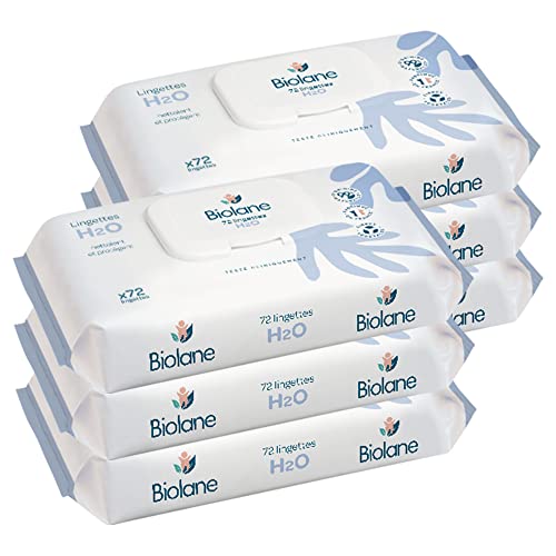 BIOLANE - Toallitas limpiadoras H2O con agua - Bebé - Juego de 6 x 72 (432 toallitas) - Piel sensible - Limpia y protege - Cuerpo y asiento - Sin aclarado - Desde el nacimiento - Fabricado en Francia