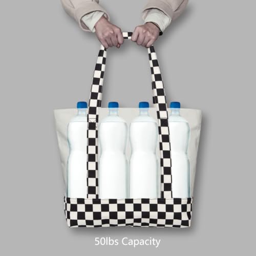 Image of TOPDesign 1-Pack Canvas Tote Bag with an External Pocket, Reusable Grocery Shopping Bag, Top Zipper Closure, Daily Essentials (Checkerboard /Natural)