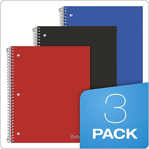 Oxford Spiral Notebooks, 1 Subject, College Ruled Paper, Durable Plastic Cover, 100 Sheets, Divider Pocket, 3 Per Pack (10390), Red, Black And Blue #TOP6