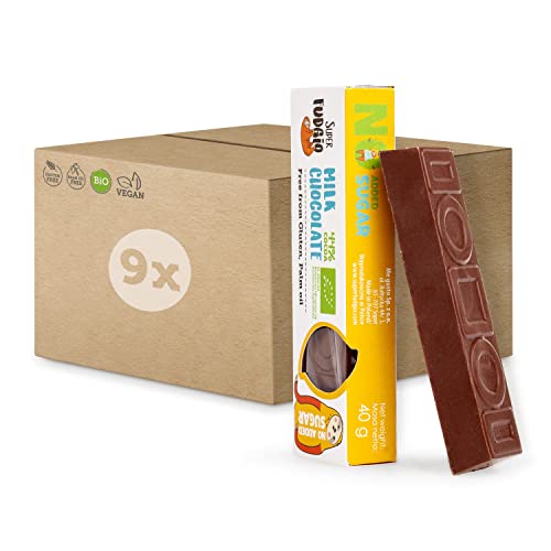 SUPER FUDGiO Organic Schokoriegel Set | BIO und zuckerfreie Süssigkeiten | Glutenfrei | Schokolade Snack ohne Zucker| Milchschokolade | 9-er Set Cover