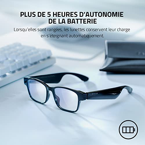Razer Anzu - Lunettes à filtre anti-lumière bleue ou lunettes de soleil audio (Rectangle, Large) (Son à faible latence, Conception IPX4 résistante à l’eau, Micro intégré et haut-parleurs) Noir