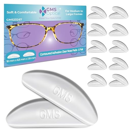 GMS Optical® 1.8mm Anti-Slip Adhesive Contoured Soft Silicone Eyeglass Nose Pads with Super Sticky Backing for Glasses Sunglasses, and Eye Wear -10 Pair (Clear)