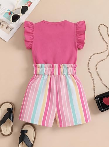 Image of Girls 2 Piece Outfits Summer Ruffle Sleeve Top and High Waisted Striped Shorts Set for Girls 7-14