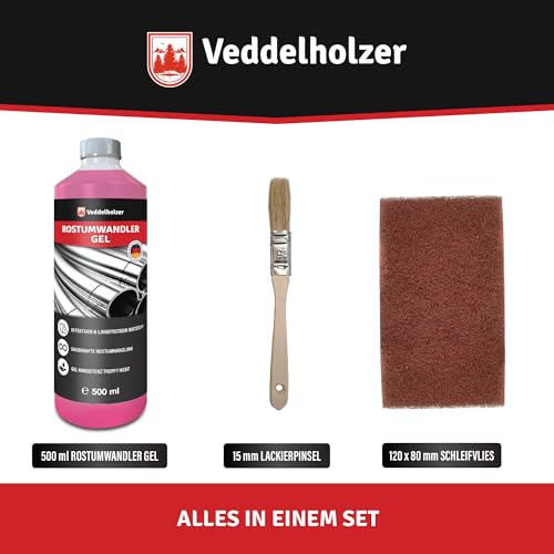 Veddelholzer Premium 500 ml Rostumwandler Gel Set inkl. Schleifvlies & Pinsel. Rostlöser, Rostschreck, Rostentferner für Metall, Auto, Motorrad, Fahrrad UVM. Effektive Alternative zum Rostlöser Spray