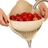 Rinse & Drain Bowl Strainer & Colander Combo – Double-Layer 360° Rotating Basket, BPA-Free Plastic with Handles & Pour Spouts – Wash Fruits, Vegetables, Pasta, Herbs, Beans & Salad Greens