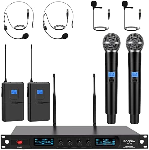 innopow 4-Channel Wireless Microphone System, Quad UHF Metal Cordless Mic, 2 Handheld Mics, 2 Bodypack Mics, Long Distance150-200Ft, Fixed Frequency, 16 Hours Use for Karaoke Singing, Church