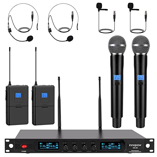 innopow 4-Channel Wireless Microphone System, Quad UHF Metal Cordless Mic, 2 Handheld Mics, 2 Bodypack Mics, Long Distance150-200Ft, Fixed Frequency, 16 Hours Use for Karaoke Singing, Church