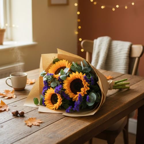 Fleur De Luxe Sunflower Breeze Giftbox Bright Yellow Sunflowers Purple Statice & Eucalyptus Bouquet Hand-Tied Floral Arrangement for All Occasions with Gift Box