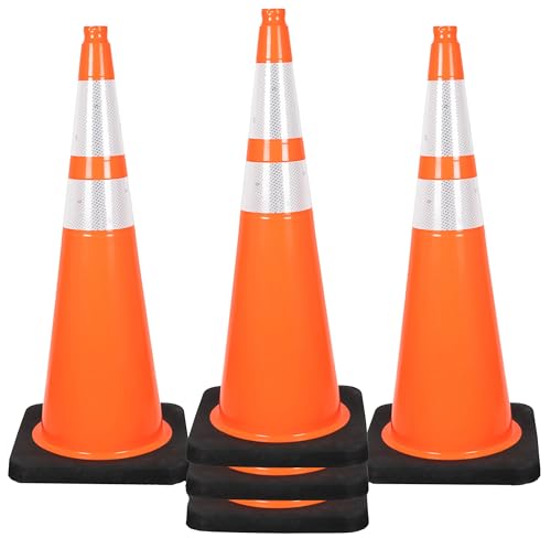 OrangeGear® 36'' 12 lb. Black Base Orange Traffic Cone with (1) 6'' and (1) 4'' 3M Reflective Collar - Dimensions: 36
