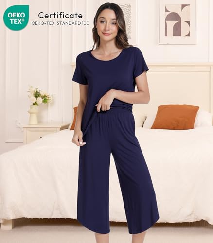 Image of NACHILA Pajamas Set for Women-Viscose Made from Bamboo,Short Sleeve Sleepwear Soft Pjs with Capri Pants Cool Loungewear Sets Navy Blue M