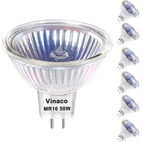 Vinaco MR16 Bulb,6 Pack MR16 Halogen Bulb 50W GU5.3 Base, 800LM High Output MR16 12V 50W Halogen, 2800K Warm White MR 16 Dimmable with Clear Glass Cover, MR 16 GU5.3 for Landscape, Track Lights