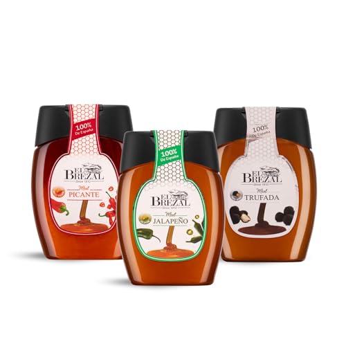 El Brezal - Miel Picante y Trufada, Miel con Chili, Miel con Jalapeño y Miel Trufada, Miel Natural 100% Española, Sabores Intensos para Carne, Ensalada, Pizza, Postre, Salsas (3 Botes de 350gr)