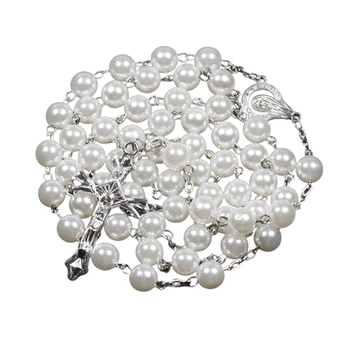Collier Croix Religieuse Feng Shui et Pendentif Marie Jésus en Longues Perles