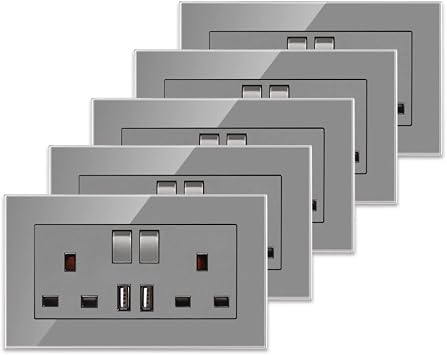 5 Pack CNBINGO Glass Double Switched Socket with 2 USB-A Charging Ports, Grey Tempered Glass Panel Wall Outlet, 2 Gang 13 Amp Electric Power Socket