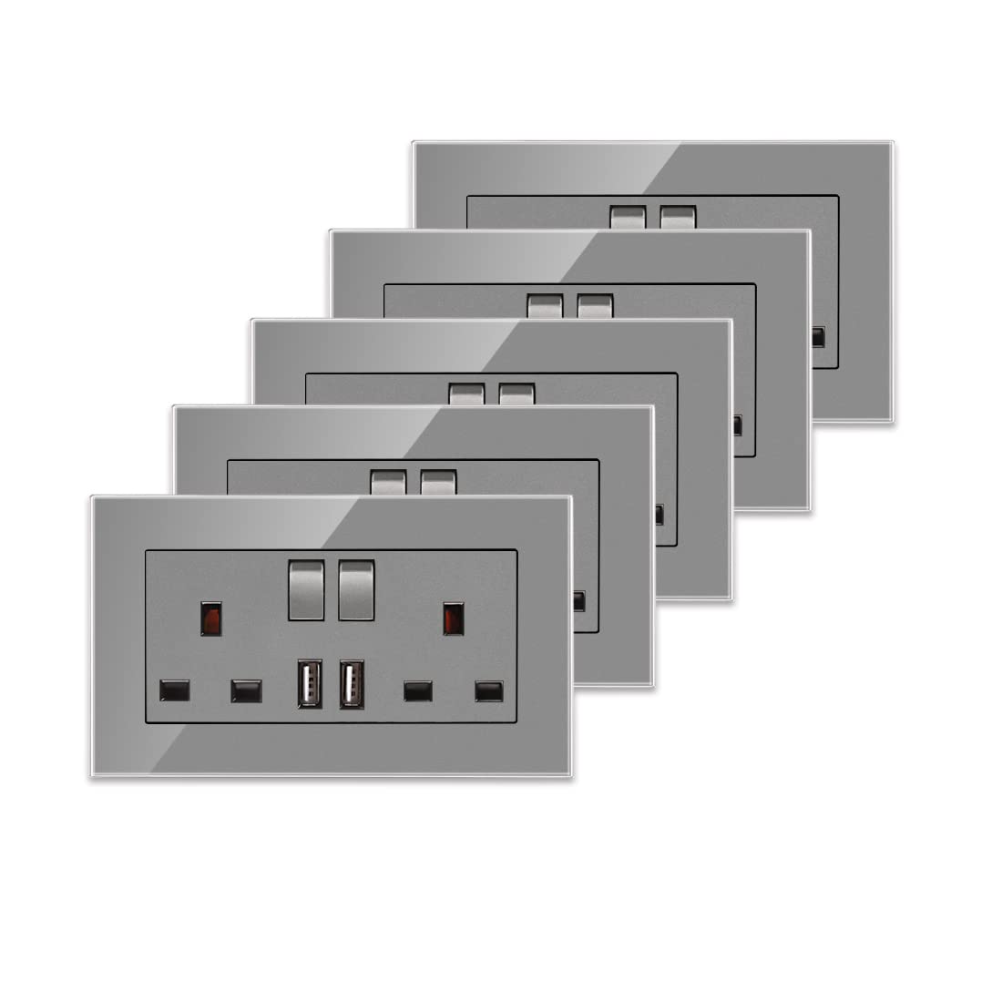 5 Pack CNBINGO Glass Double Switched Socket with 2 USB-A Charging Ports, Grey Tempered Glass Panel Wall Outlet, 2 Gang 13 Amp Electric Power Socket — image 1