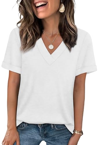 WIHOLL V Neck T Shirts for Women Loose Fit Casual Summer Tops Short Sleeve Shirts Trendy Clothing Fashion 2025 White M