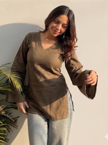 Image of ANNI Designer Short Kurti for Women Solid Design | V Neck Full Sleeve Kurti Tops for Women | Stylish Kurtis & Short Kurtis for Woman | Casual Kurti with Jeans | Kurtas for Woman