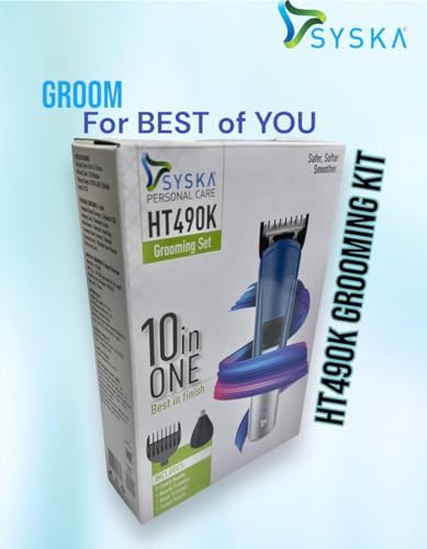 Image of SYSKA HT490K Professional 10-in-1 Grooming Kit for Men|Rechargable Beard Hair Nose Trimmer|120 min Runtime with Hidden LED Indicator|Advance Roto-tech Technology|Free Travel-Friendly Storage Pouch| 2-Year Warranty