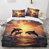 GIPNIAU Bedding Dolphin Twin 3D Bedspread Printed Sunset Landscape Duvet Cover Bedding Sets 3 Pieces(1 Duvet Cover 2 Pillow Sham) for Kids Boys Girls
