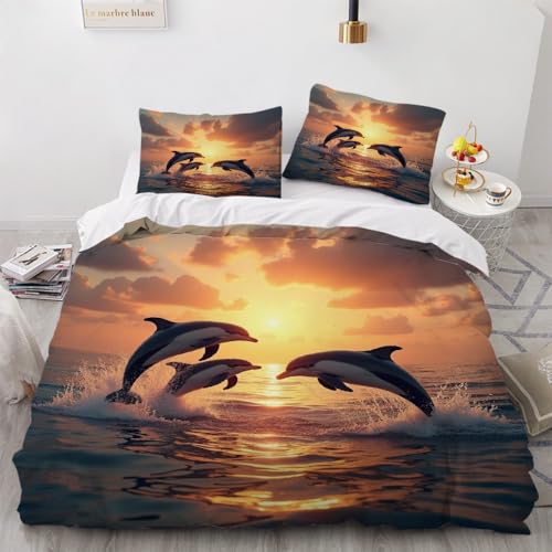 GIPNIAU Bedding Dolphin Twin 3D Bedspread Printed Sunset Landscape Duvet Cover Bedding Sets 3 Pieces(1 Duvet Cover 2 Pillow Sham) for Kids Boys Girls