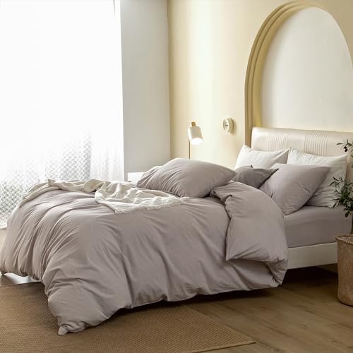 JIYUAN 100% Washed Cotton Duvet Cover Set 3 Pieces Queen, 1 Duvet Cover 90x90 Inches(Comforter Not Included) and 2 Pillowcases,Linen Feel Bedding Set Comfy and Breathable, Heathered Linen