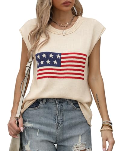 Alsol Lamesa Women’s American Flag Cap Sleeve Sweater Vest Knit Lightweight Crew Neck Tank Top