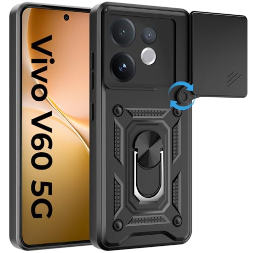 Image of A rtistque Armor Bumper Back Case Cover for Vivo V60 5G / T4 Pro / V60e 5G | Stylish Ring Holder & Inbuilt Stand | Sliding Camera Cover | Shockproof TPU Protective Design | Back Cover - Black