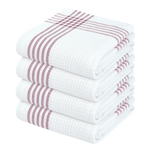 Image of Waffle White & Burgundy Wine Dish Towels Set of 4, 100% Cotton, 16x26 inches, Reusable Cleaning Cloths for Drying Dishes, Quick Dry Kitchen Towel, Durable for Heavy-Duty Use