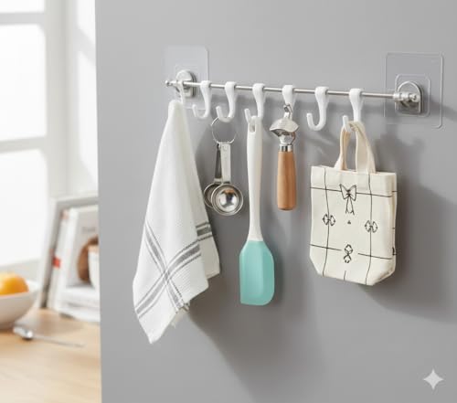 Image of Self Adhesive Wall Hook | Strong Adhesive Wall Hook | Wall Hooks for Hanging Keys, Kitchen & Bathroom | Wall Hanging Hooks Strong Without Drilling | Pack of 6 Hooks